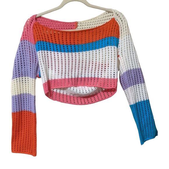 Unbranded women's long sleeve Color Block Hollow Out Knitted Cropped Sweater S - Picture 7 of 7